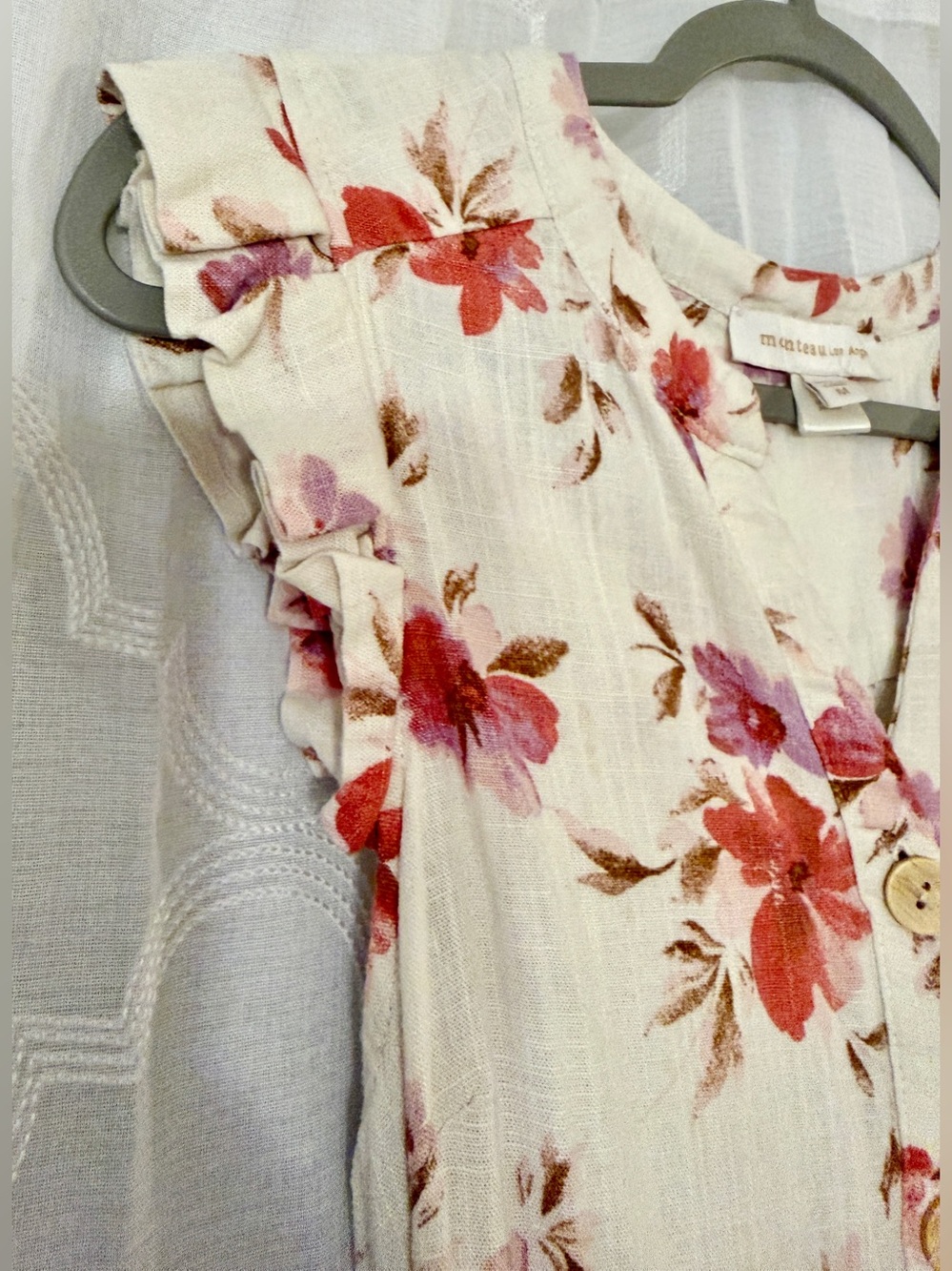 Monteau Cream Floral Midi Dress Medium Cottagecore Button Front Dress - Picture 15 of 16
